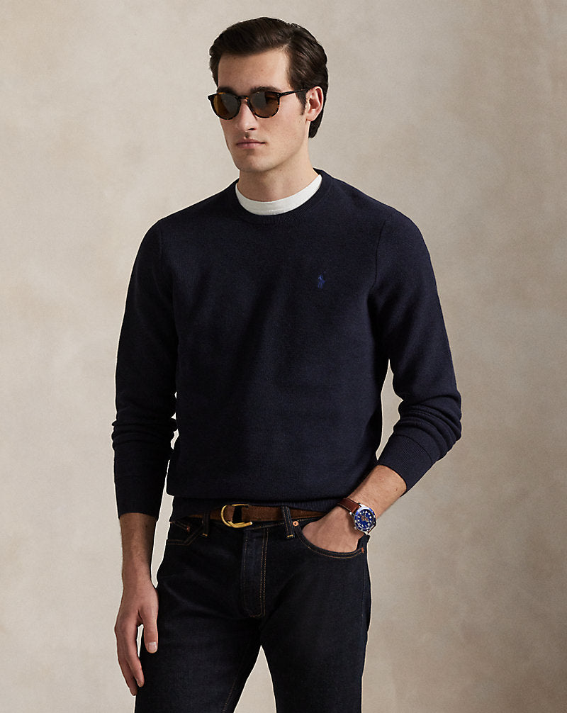 Mesh-Knit Cotton Crewneck Jumper Navy Heather