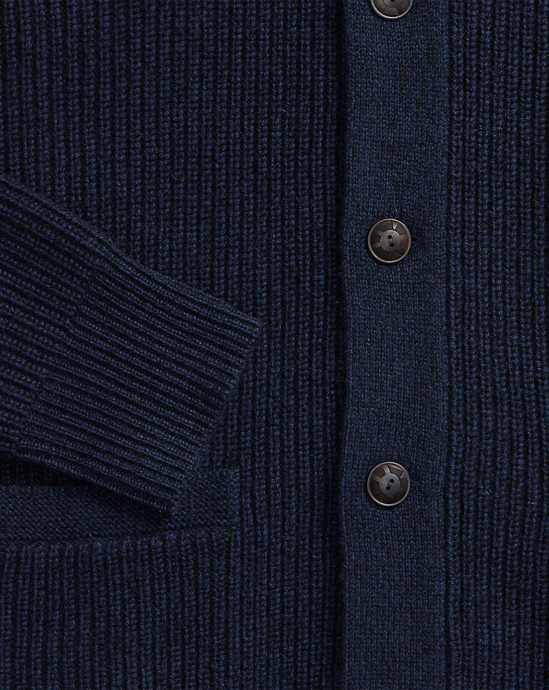 Textured Cashmere Shawl-Collar Cardigan Navy Heather