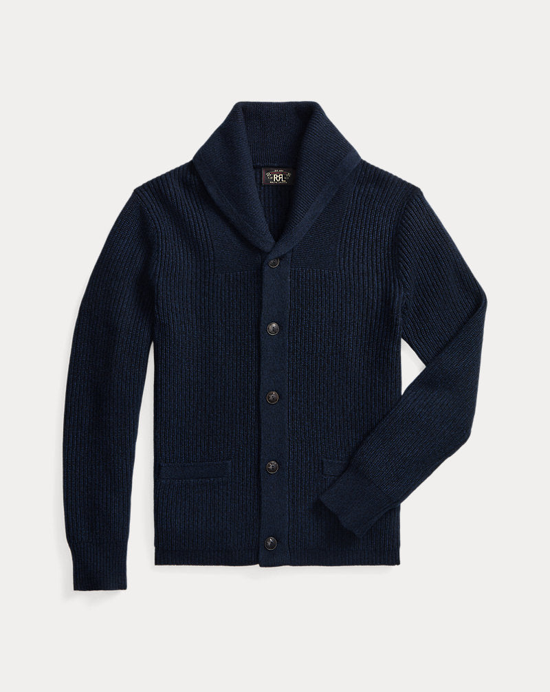 Textured Cashmere Shawl-Collar Cardigan Navy Heather