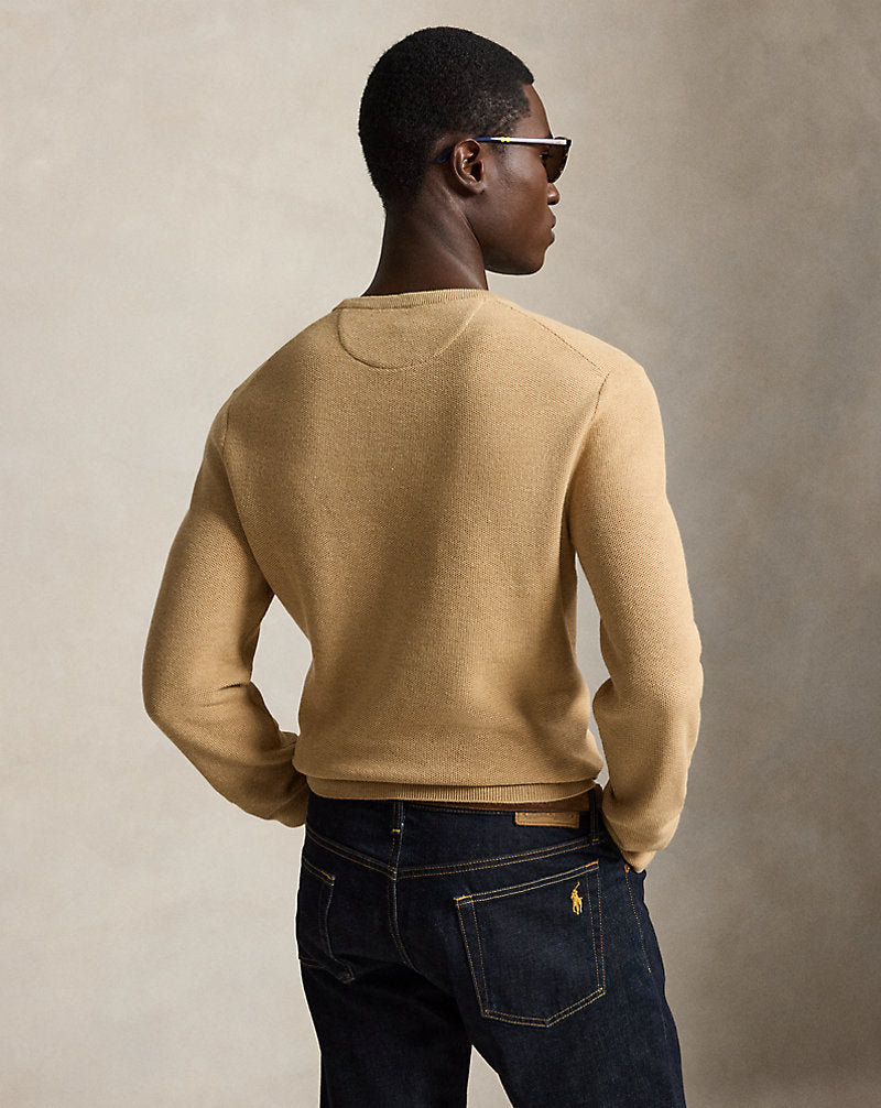 Mesh-Knit Cotton Crewneck Jumper Camel Melange