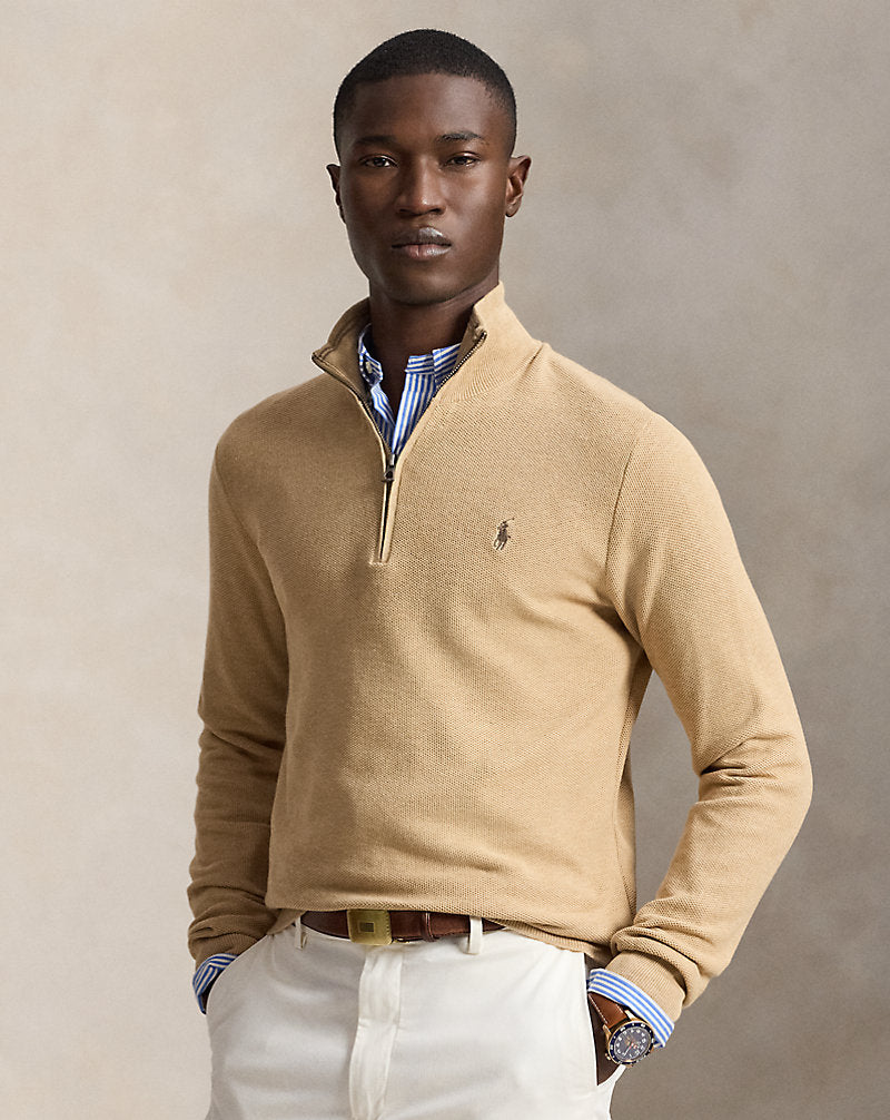 Mesh-Knit Cotton Quarter-Zip Jumper Camel Melange