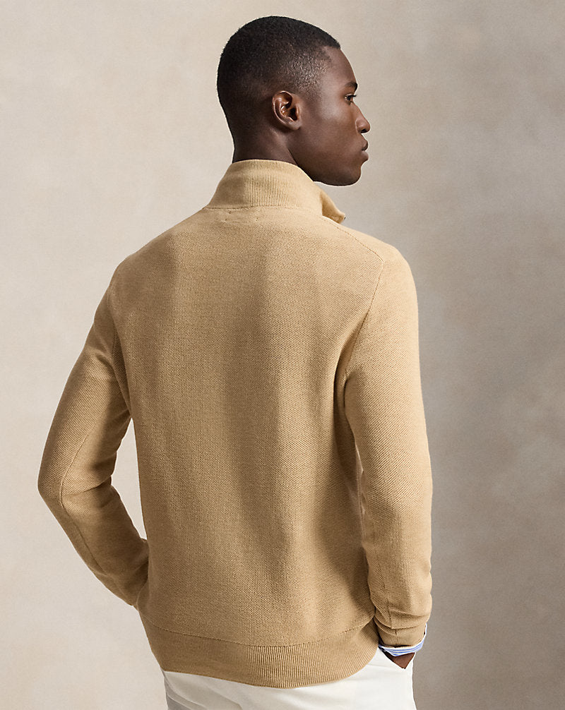 Mesh-Knit Cotton Quarter-Zip Jumper Camel Melange