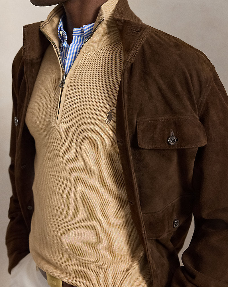 Mesh-Knit Cotton Quarter-Zip Jumper Camel Melange
