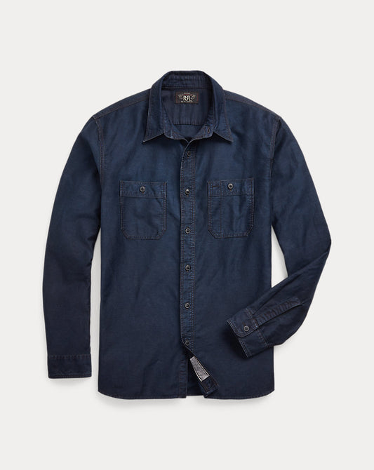 Indigo Baumwoll-Leinen-Satin Workshirt Indigo
