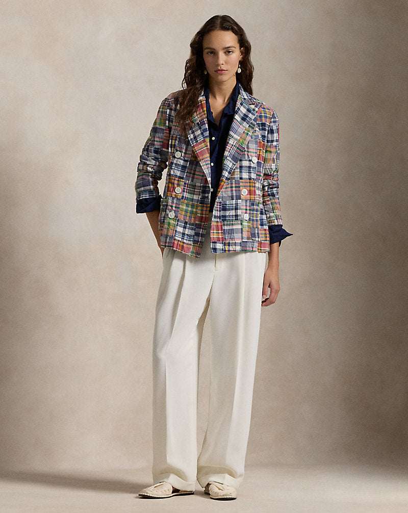 Kariertes zweireihiges Blazer aus Baumwolle Madras Multi