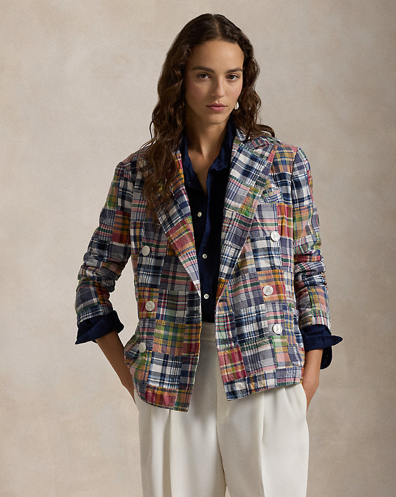 Kariertes zweireihiges Blazer aus Baumwolle Madras Multi