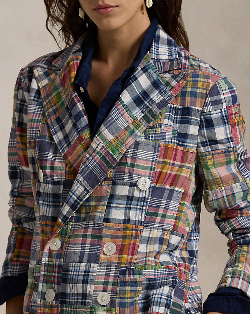 Kariertes zweireihiges Blazer aus Baumwolle Madras Multi