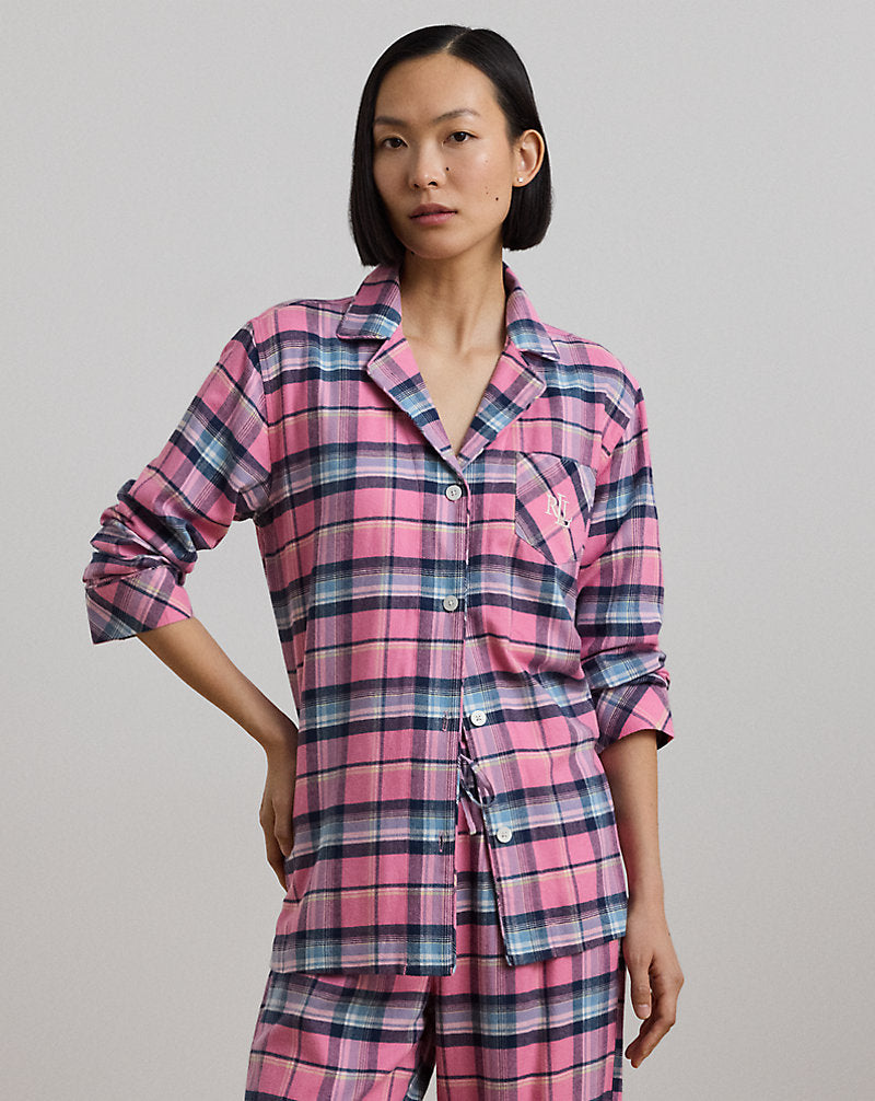 Schlaf-Set aus kariertem Baumwoll-Twill, Rosa kariert
