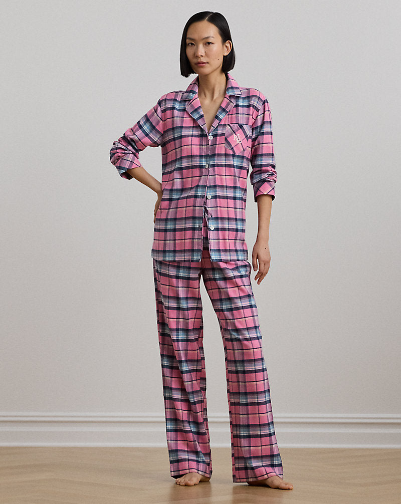 Schlaf-Set aus kariertem Baumwoll-Twill, Rosa kariert