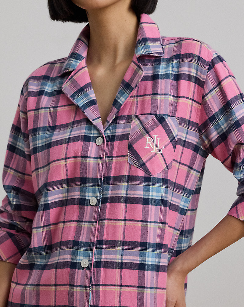 Schlaf-Set aus kariertem Baumwoll-Twill, Rosa kariert