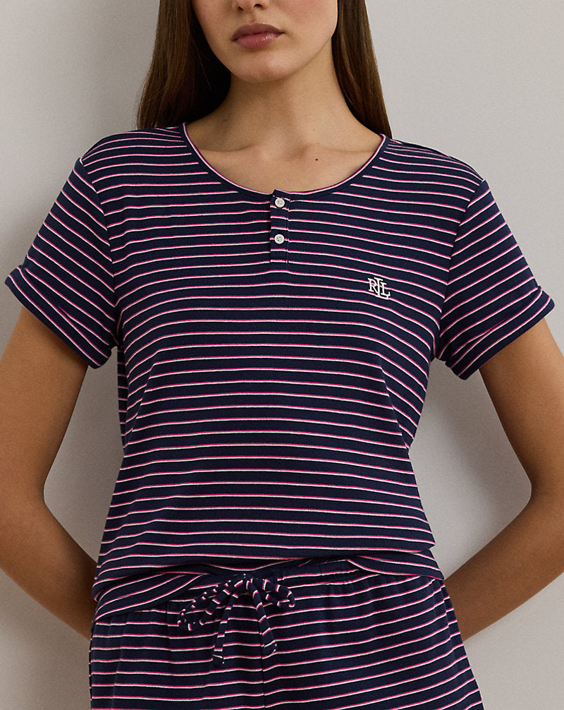 Gerippter Henley Schlafanzug aus Boxershorts und Oberteil, Marineblau Gestreift