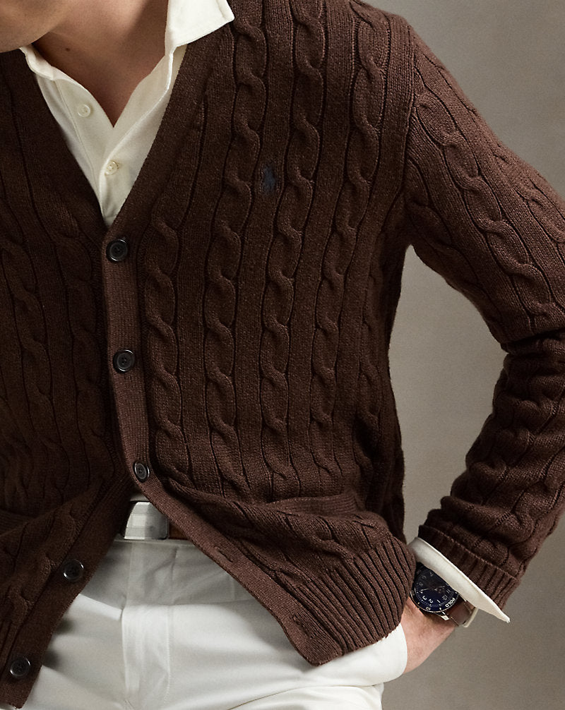 Cable-Knit Cotton Cardigan Dark Roast Melange