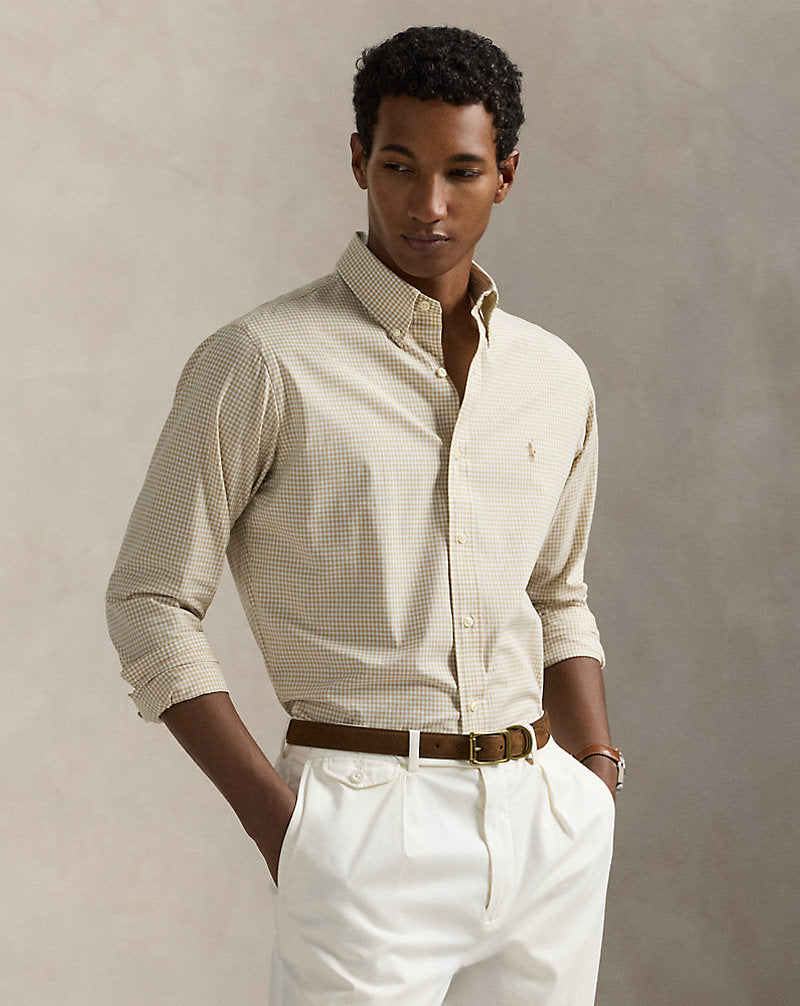 Custom Fit Gingham Stretch Poplin Shirt Coastal Beige/White