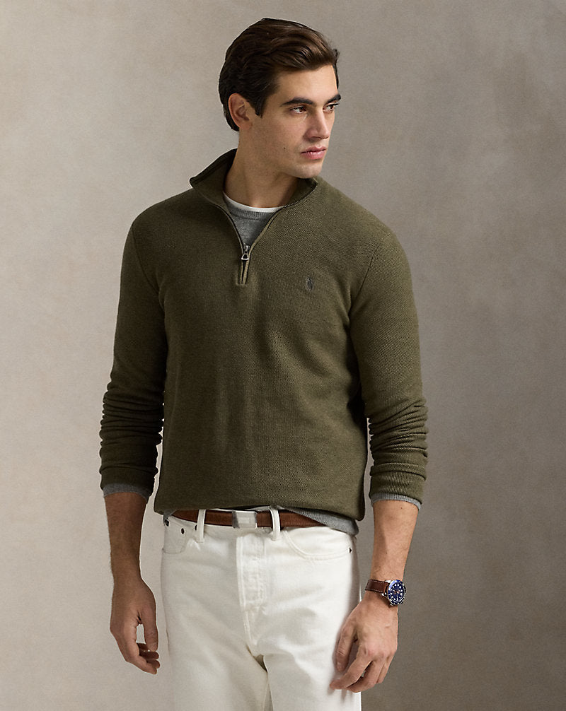 Mesh-Knit Cotton Quarter-Zip Jumper Cargo Olive Hthr