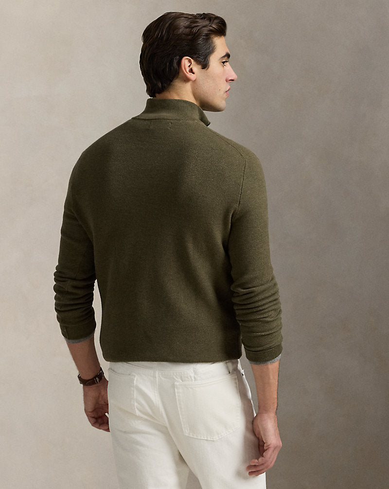 Mesh-Knit Cotton Quarter-Zip Jumper Cargo Olive Hthr