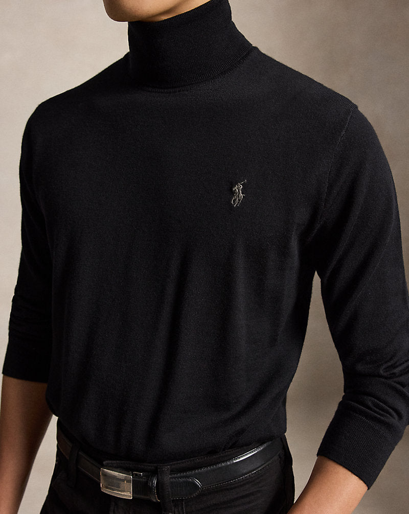 Washable Wool Roll Neck Jumper Polo Black