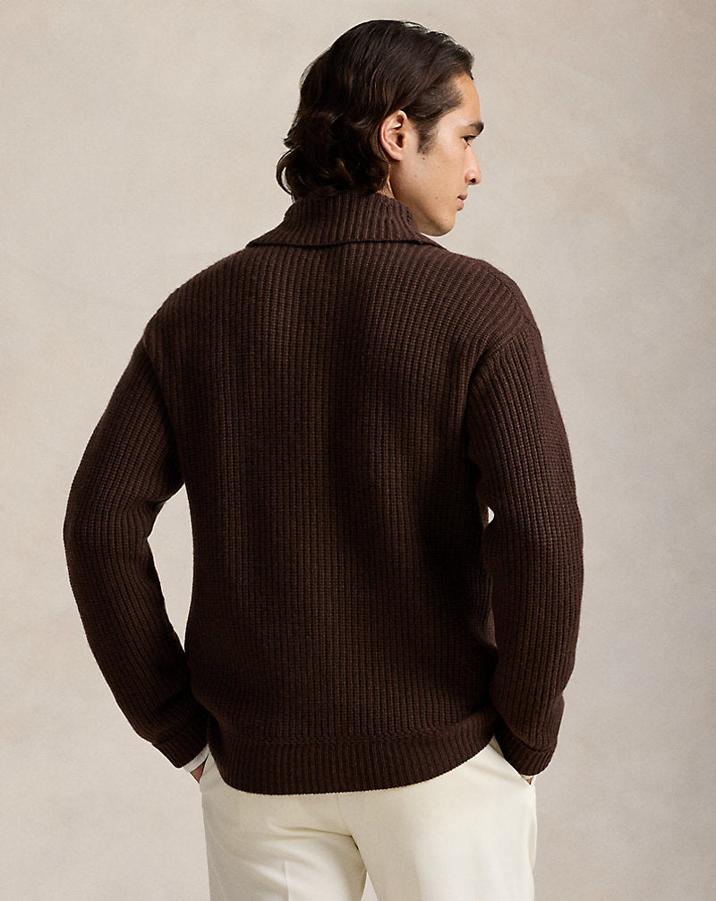 Textured Wool-Cashmere Shawl Cardigan Dark Roast Melange