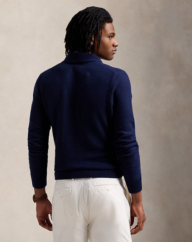 Linen-Cashmere Johnny-Collar Jumper Navy Combo