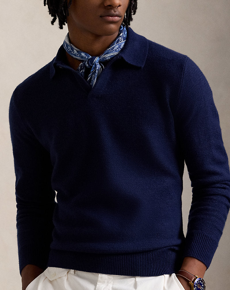 Linen-Cashmere Johnny-Collar Jumper Navy Combo