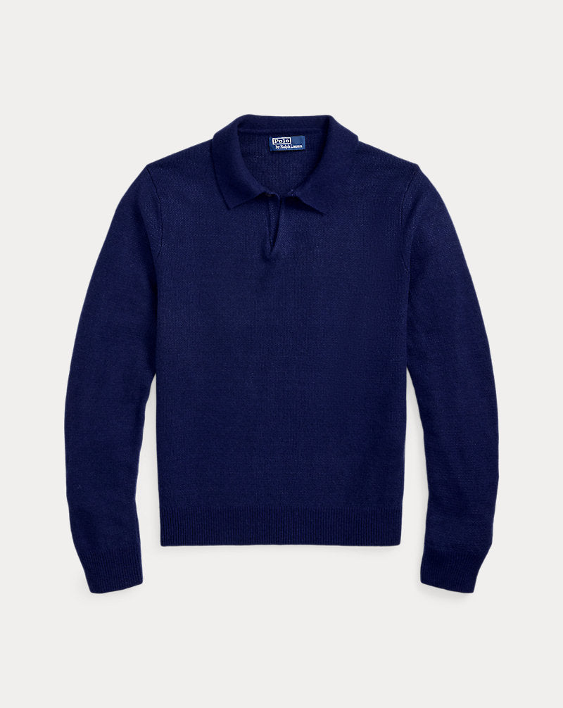 Linen-Cashmere Johnny-Collar Jumper Navy Combo
