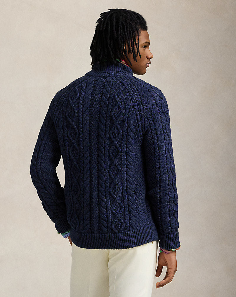 Aran-Knit Marled Cotton Cardigan Navy Combo