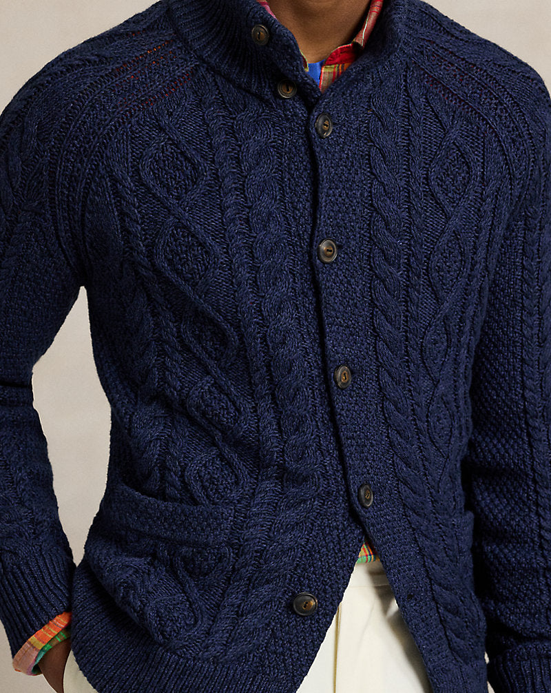 Aran-Knit Marled Cotton Cardigan Navy Combo