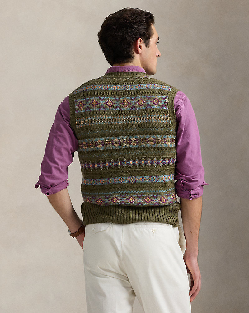 Fair Isle Linen-Blend Sleeveless Jumper Olive Combo
