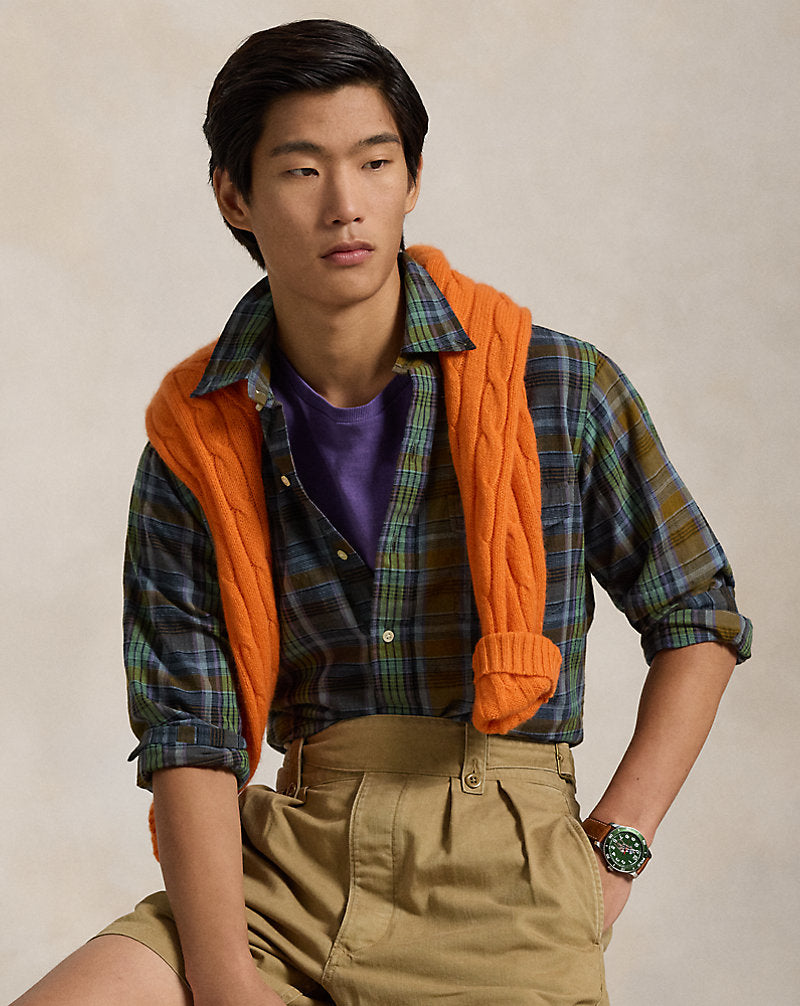 Classic Fit Madras Popover Shirt 6591 Navy Brown Multi