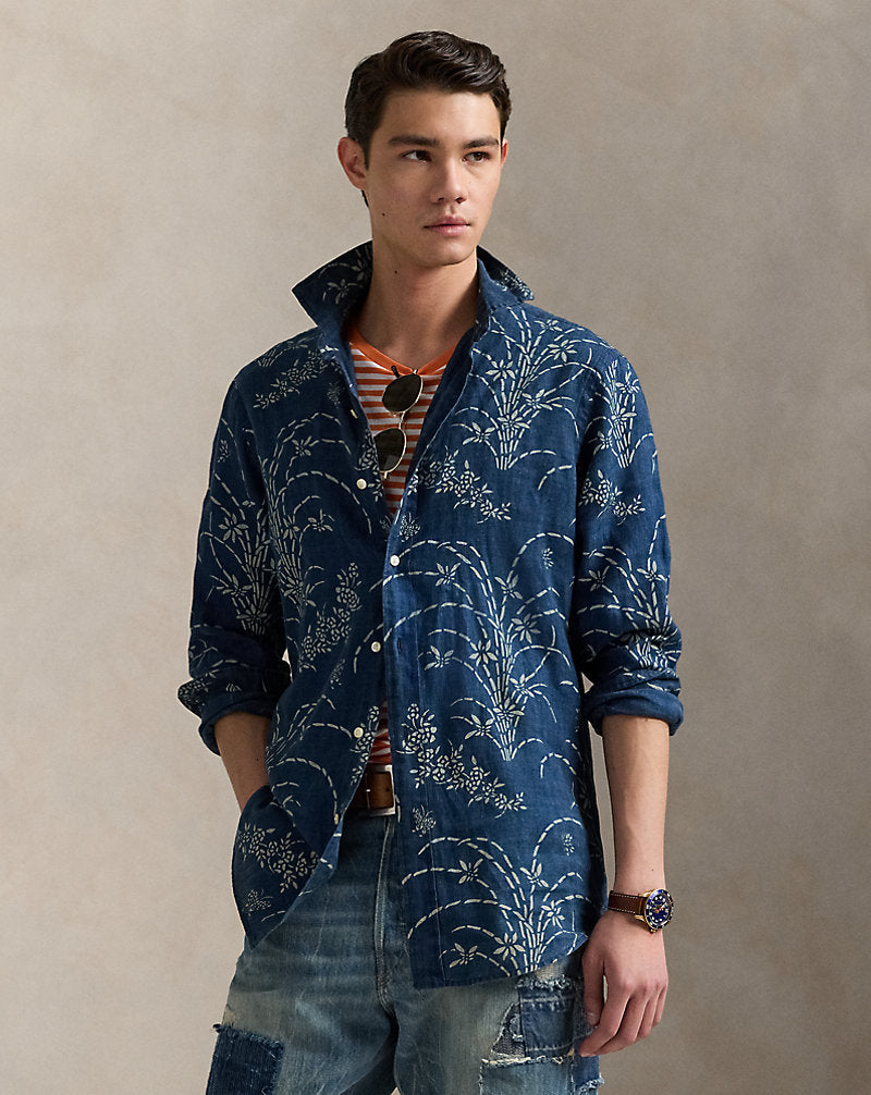 Classic Fit Indigo Floral Linen Shirt Spring Flower