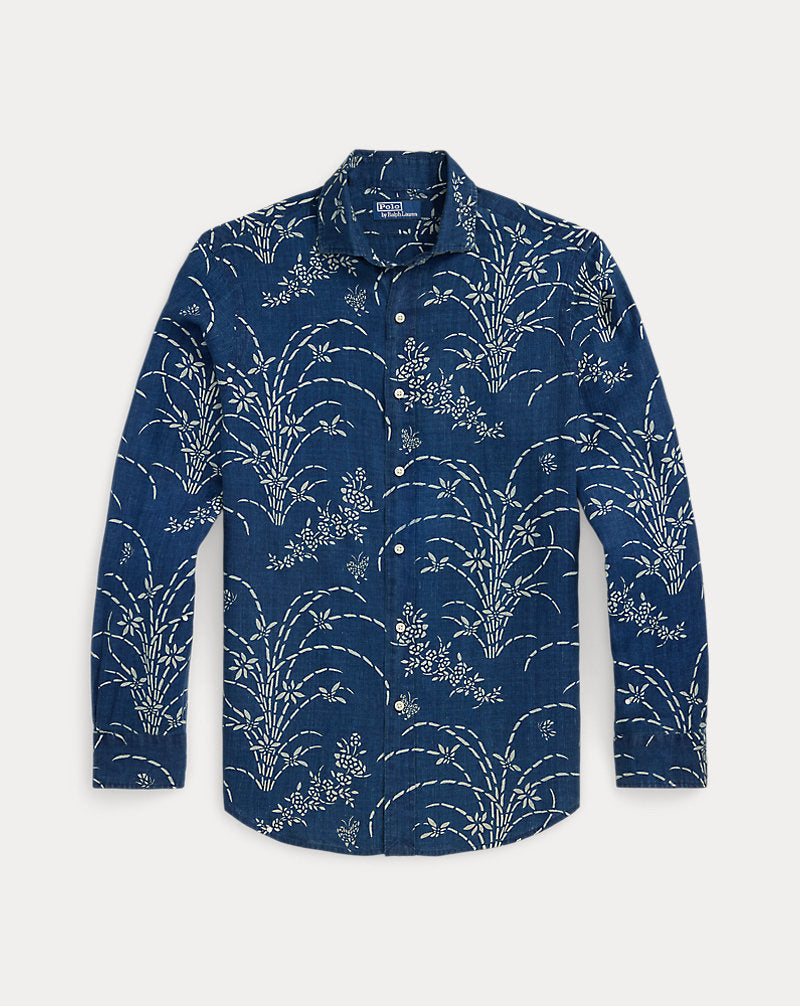 Classic Fit Indigo Floral Linen Shirt Spring Flower