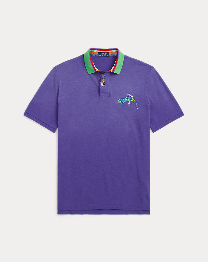 Classic Fit Embroidered Mesh Polo Shirt Tie Purple