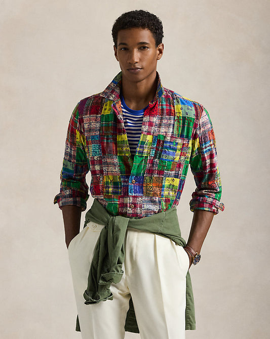 Klassisch geschnittenes Patchwork Madras Camp Hemd mit Blockdruck