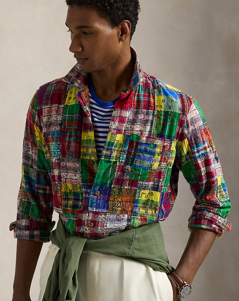 Classic Fit Patchwork Madras Camp Shirt Block Print Patchwor