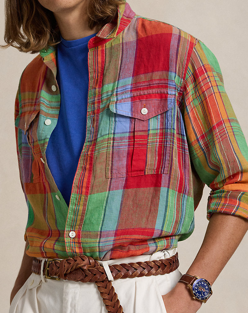 Classic Fit Plaid Linen Workshirt Red Orange Multi