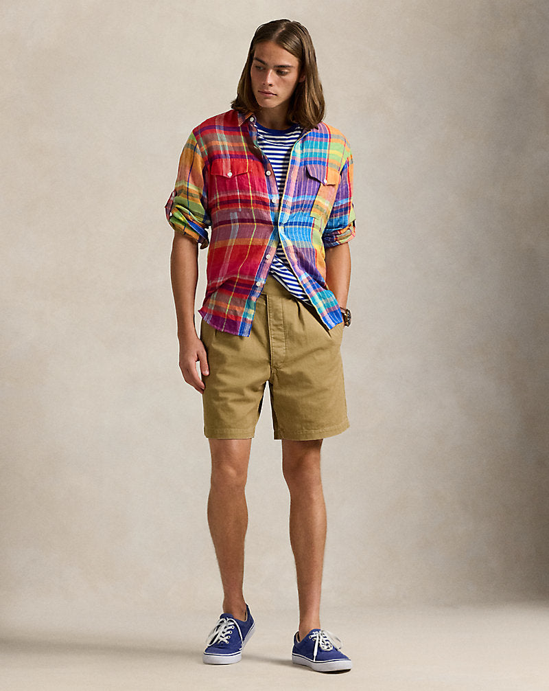 Classic Fit Plaid Linen Workshirt Red/Yellow Multi