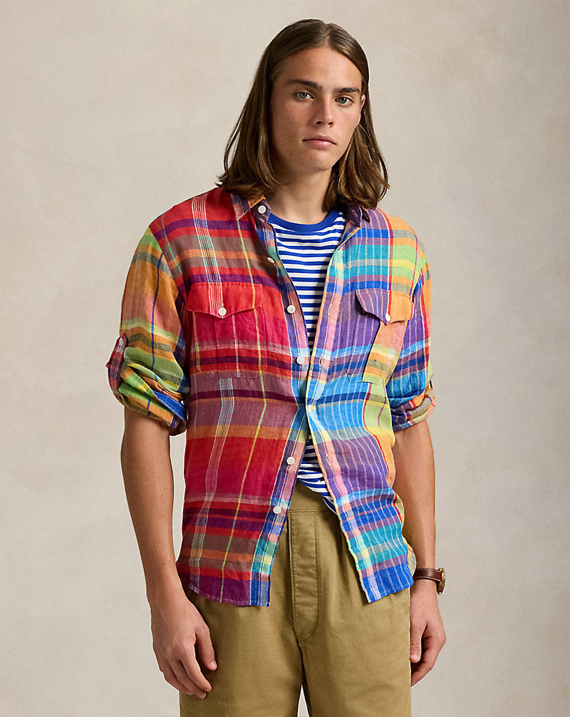 Classic Fit Plaid Linen Workshirt Red/Yellow Multi