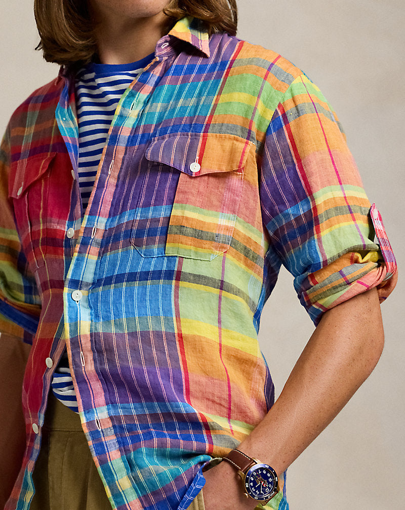 Classic Fit Plaid Linen Workshirt Red/Yellow Multi