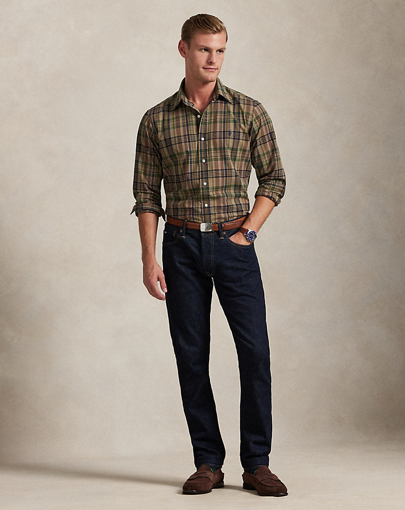 Custom Fit Plaid Performance Shirt Khaki Navy Multi