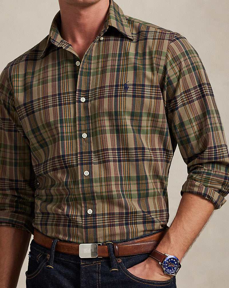 Custom Fit Plaid Performance Shirt Khaki Navy Multi
