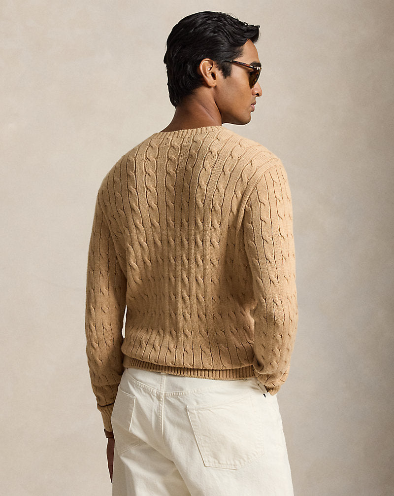 Cable-Knit Cotton Crewneck Jumper Camel Melange