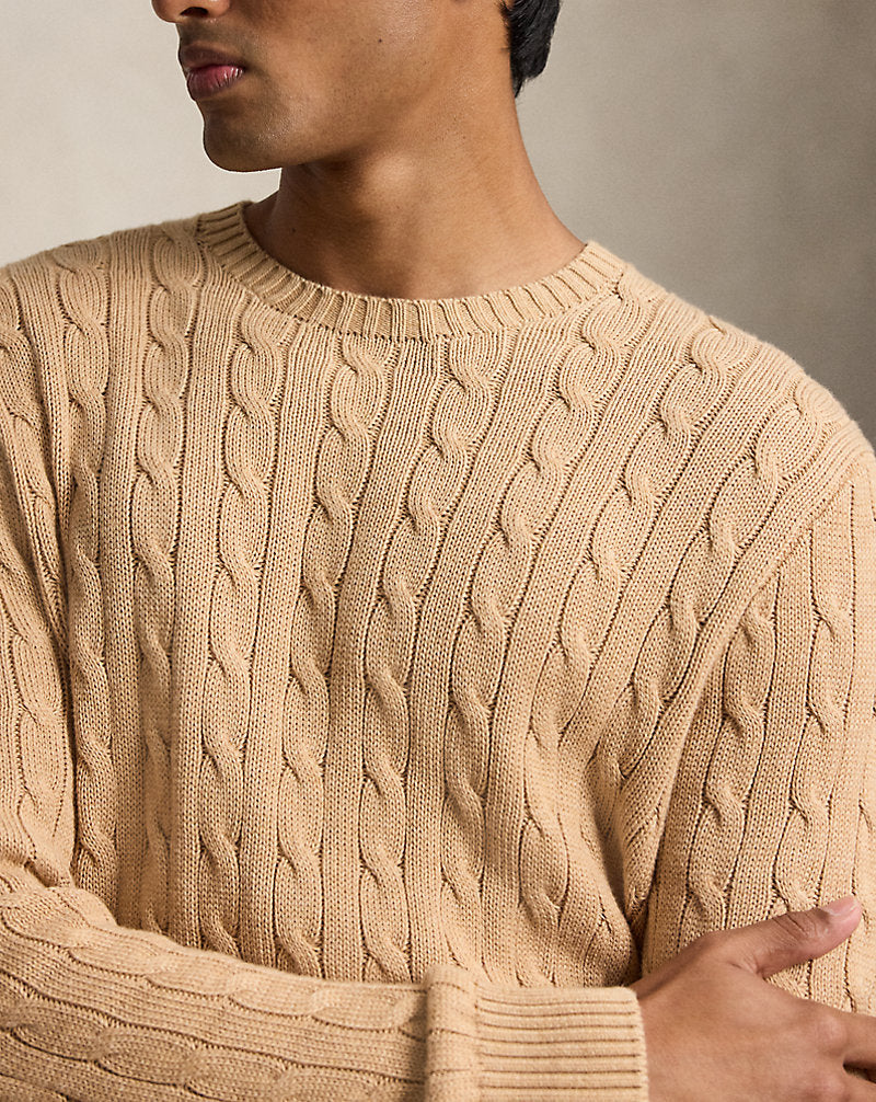 Cable-Knit Cotton Crewneck Jumper Camel Melange