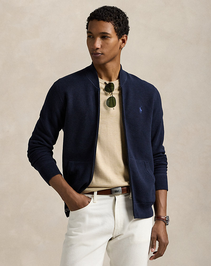 Mesh-Knit Cotton Full-Zip Jumper Navy Heather