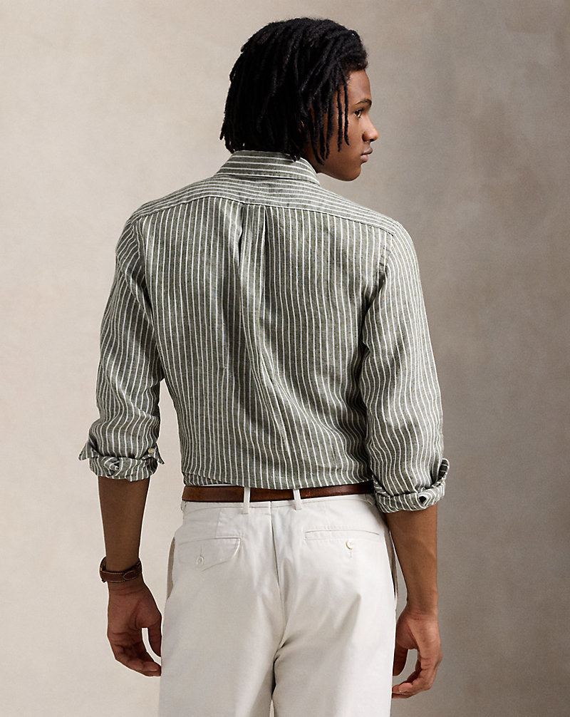 Custom Fit Striped Linen Shirt New Olive White