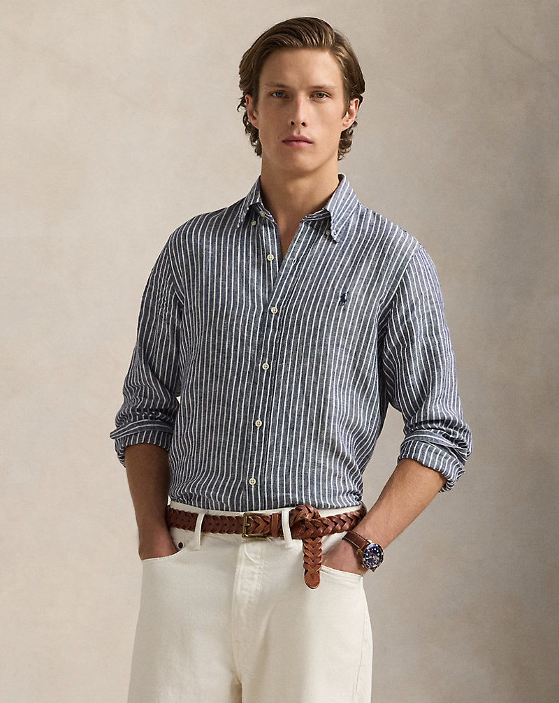 Custom Fit Striped Linen Shirt Newport Navy White