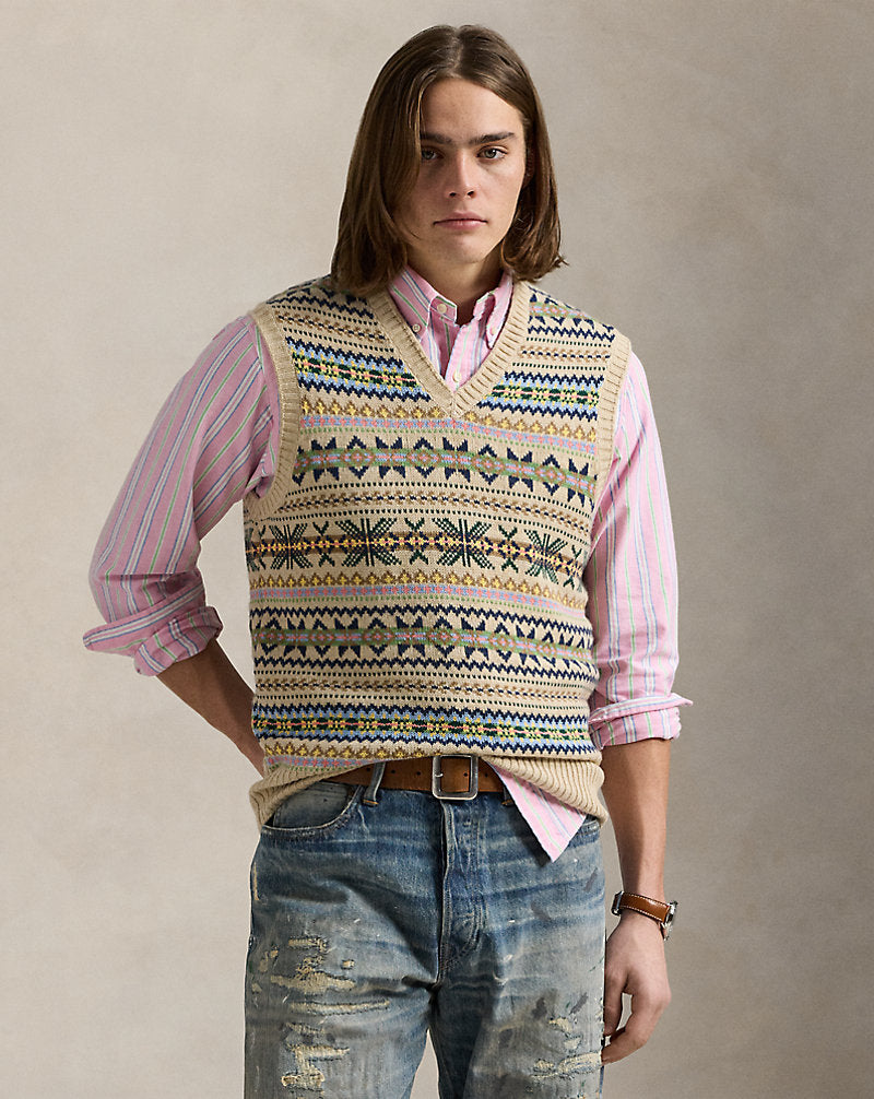 Fair Isle Sleeveless Jumper Tan Combo