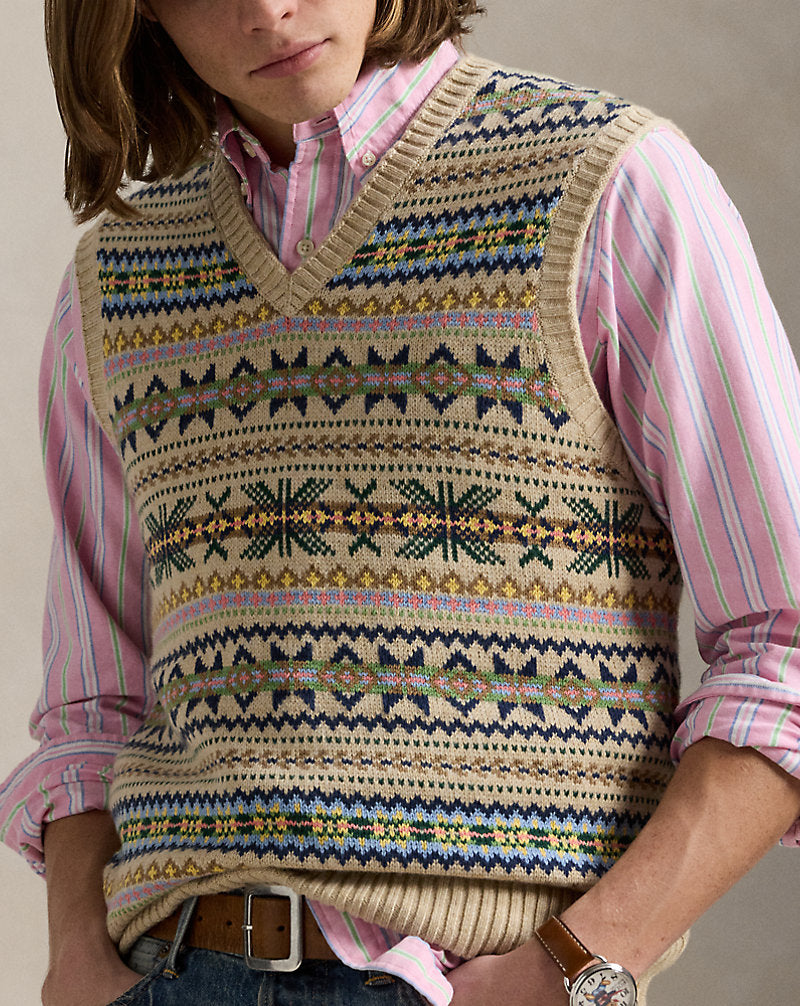 Fair Isle Sleeveless Jumper Tan Combo