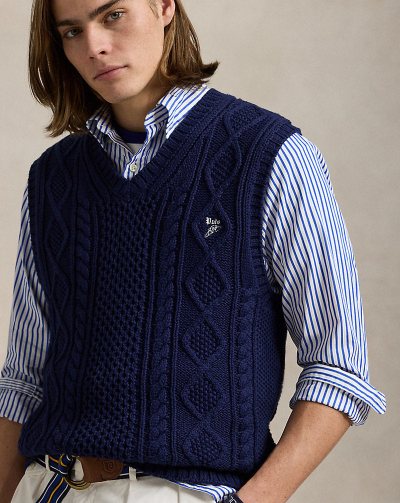 Aran-Knit Cotton Sleeveless Jumper Bright Navy