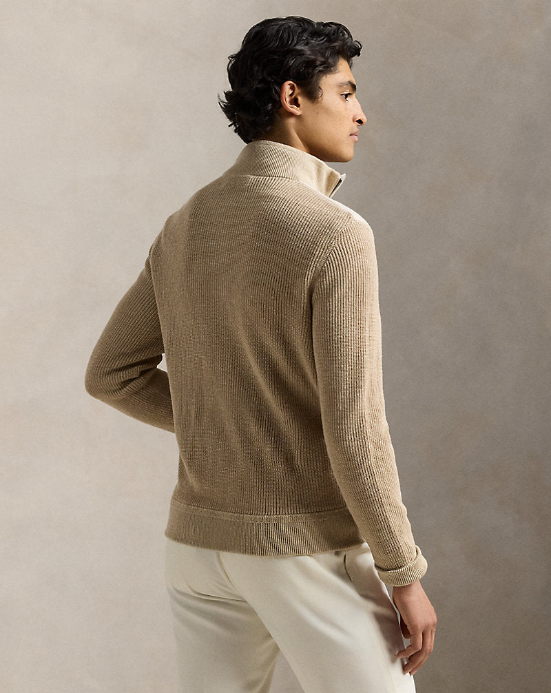 Hybrid Linen Full-Zip Jumper Tan Linen Combo