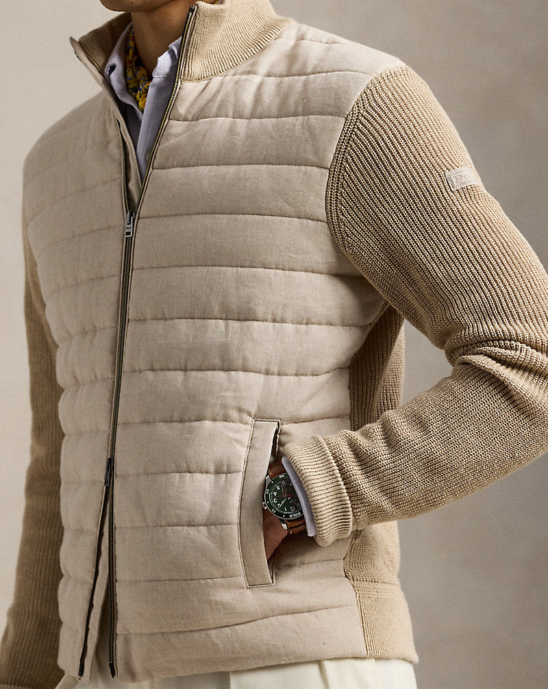 Hybrid Linen Full-Zip Jumper Tan Linen Combo