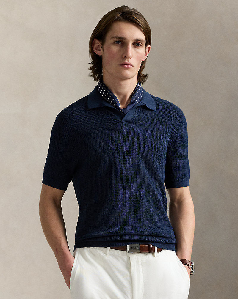 Mesh-Knit Linen Short-Sleeve Jumper Blue